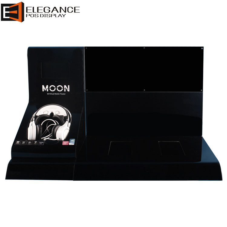 時(shí)尚柜臺黑色亞克力耳機(jī)展示架,帶7英寸液晶顯示屏 時(shí)尚柜臺黑色亞克力耳機(jī)展示架,帶7英寸液晶顯示屏